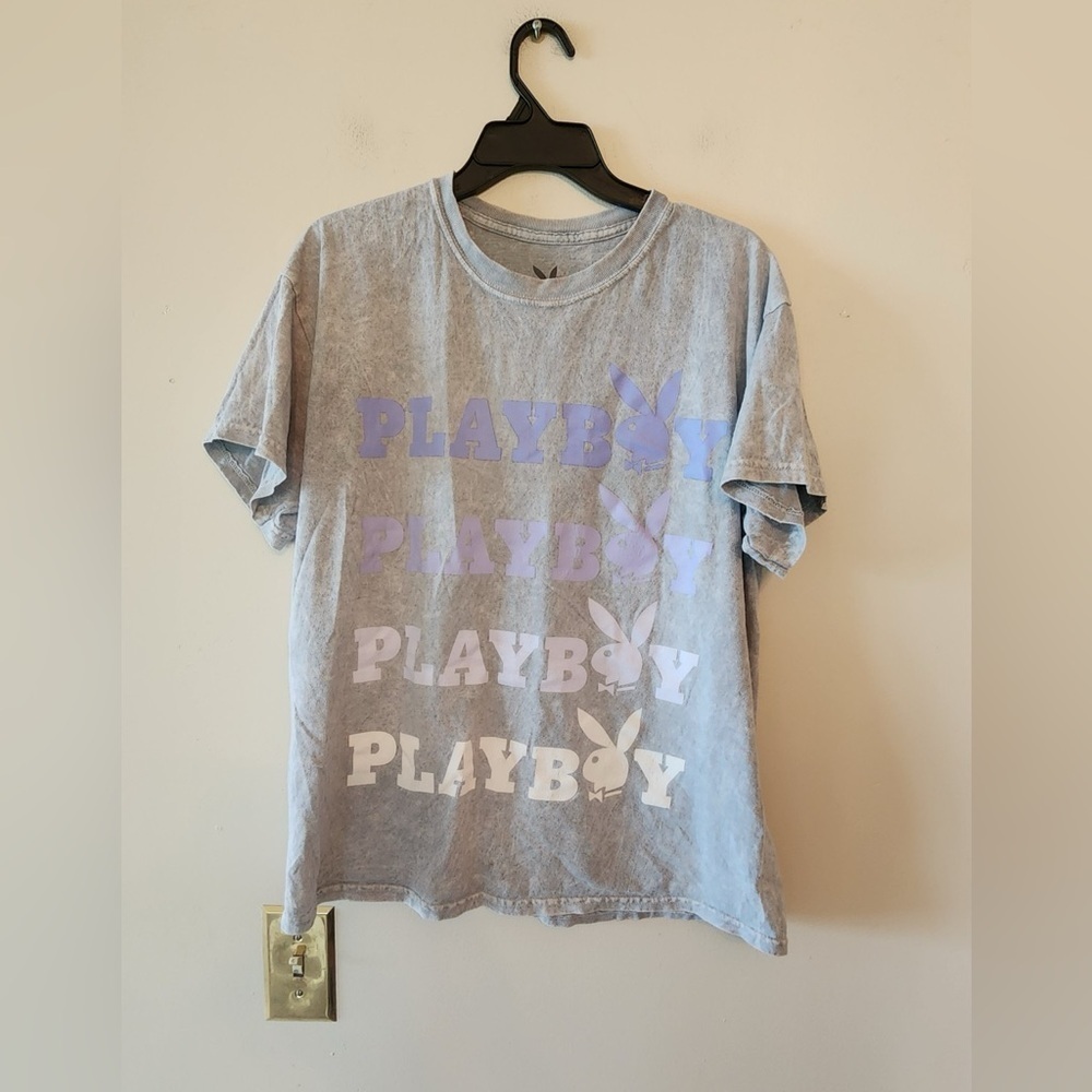 Playboy Stonewash Bunny Spell Out Logo Grey T-Shirt Size womens Medium Cotton